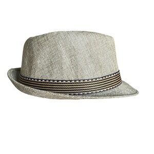 Kids Tan Woven Fedora Hat Striped Band Size 54 Summer Trilby Sun Hat